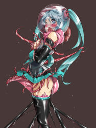 1girl aqua_eyes aqua_hair asphyxiation bdsm biosuit blush bondage bound breasts female_focus fumi11gou hatsune_miku living_clothes long_hair looking_at_viewer nipple_stimulation nipple_tweak nipples one_eye_closed open_mouth pussy_juice rape restrained solo straitjacket tentacle_clothes tentacle_seam tentacles twintails vocaloid  rating:Explicit score:182 user:forum