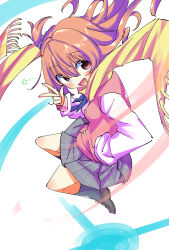  1girl :d absurdres black_socks blue_scrunchie blush charo_(meme) commentary_request floating_clothes floating_hair foreshortening fringe_trim from_above full_body grey_skirt hair_between_eyes hair_ornament hair_scrunchie hand_in_pocket hand_up happy highres inaba_meguru jacket kneehighs knees_up letterman_jacket long_hair looking_at_viewer looking_up meme midair miniskirt nzuwaiganin one_side_up open_mouth orange_hair pink_jacket plaid plaid_skirt pleated_skirt red_eyes sanoba_witch scarf scrunchie simple_background skirt sleeves_past_wrists smile socks solo star_(symbol) tareme v white_background white_sleeves wind yellow_scarf 