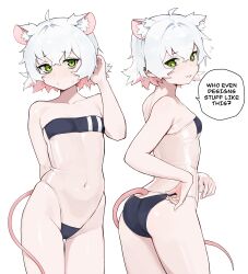  1girl absurdres animal_ear_fluff animal_ears arm_behind_back ass blush breasts clothes_pull covered_navel double_vertical_stripe green_eyes gris_swimsuit groin hand_in_own_hair highleg highleg_swimsuit highres looking_at_viewer meme_attire mouse_ears mouse_girl mouse_tail multiple_views navel one-piece_swimsuit_pull original perl_(vertigris) pink_tail pulled_by_self see-through_swimsuit short_hair small_breasts strapless strapless_one-piece_swimsuit strapless_one-piece_swimsuit swimsuit tail thighs vertigris white_background white_hair  rating:Sensitive score:102 user:danbooru