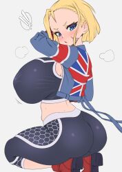  1girl angry ass blonde_hair blue_eyes blush breasts cammy_white curvy highres huge_breasts leggings short_hair solo sports_bra street_fighter street_fighter_iv_(series) thick_thighs thighs whomperfruit  rating:Questionable score:44 user:WhomperFruit