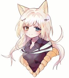  1girl animal_ears arknights black_skirt blonde_hair blue_eyes brown_sweater cat_ears collared_shirt cropped_torso hair_ornament hairclip heart heart_hair_ornament heterochromia long_hair looking_at_viewer morita_(pixiv31883607) nightmare_(arknights) shirt simple_background skirt smile solo split_mouth sweater upper_body white_background yellow_eyes  rating:Sensitive score:2 user:danbooru