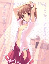 1girl breasts brown_hair curtains dressing female_focus flower flyable_heart hairband highres inaba_yui ito_noizi loli no_bra panties red_eyes school_uniform shirt skirt solo underwear undressing wardrobe_malfunction white_panties window  rating:Questionable score:65 user:dathentaiguy88