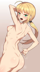 1girl ahoge artoria_pendragon_(all) artoria_pendragon_(fate) ass blonde_hair breasts butt_crack commentary_request completely_nude dimples_of_venus fate/grand_order fate/stay_night fate_(series) female_focus from_behind from_side gradient_background green_eyes hair_bun long_hair looking_at_viewer looking_to_the_side nipples nt00 nude open_mouth ponytail ponytail_holder revision ribbon saber_(fate) sidelocks single_hair_bun small_breasts solo toned_female rating:Questionable score:51 user:danbooru