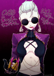 1girl a.k.i._(street_fighter) atgrbread breasts cleavage crop_top earrings glasses gloves grey_hair highres jewelry licking_lips medium_breasts navel no_bra official_alternate_costume official_alternate_hairstyle opaque_glasses pale_skin partially_opaque_glasses partially_opaque_sunglasses poison round_eyewear shrug_(clothing) solo stomach street_fighter street_fighter_6 sunglasses tongue tongue_out upper_body