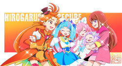  1boy 4girls arm_around_waist artist_logo black_hat blue_bow blue_dress blue_hair bow braid brooch brown_hair carrying child_carry closed_eyes coattails copyright_name cropped_jacket cure_prism cure_sky cure_wing cut_bangs detached_sleeves dress dress_bow earclip earrings elbow_gloves ellee-chan french_braid frilled_dress frilled_shorts frills gloves gradient_hair hat hijiri_ageha hirogaru_sky!_precure hood hood_down hoodie jacket jewelry kamikita_futago layered_dress layered_gloves leg_ribbon long_hair long_hoodie long_sleeves looking_at_another magical_boy magical_girl mini_hat mini_top_hat multicolored_hair multiple_girls nijigaoka_mashiro open_clothes open_jacket open_mouth orange_gloves orange_hair orange_jacket orange_shirt orange_shorts pink_bow pink_hair pink_hoodie pink_jacket precure puffy_detached_sleeves puffy_short_sleeves puffy_sleeves purple_eyes purple_hair red_eyes ribbon shirt short_dress short_shorts short_sleeves shorts side-by-side side_braids single_earring single_sidelock sleeveless sleeveless_dress smile sora_harewataru standing streaked_hair stud_earrings text_background top_hat twintails two-tone_dress two-tone_hair very_long_hair white_dress white_gloves wing_brooch wing_hair_ornament yuunagi_tsubasa 