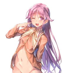  00s 1boy ;d bottomless groin happiness! long_hair male_focus navel one_eye_closed open_mouth out-of-frame_censoring purple_eyes purple_hair redcomet school_uniform simple_background smile solo teeth trap watarase_jun white_background  rating:Questionable score:37 user:danbooru