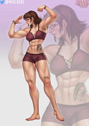  1girl abs biceps brown_hair english_text flexing glasses highres hiiluigi leanbeefpatty looking_at_viewer muscular muscular_female real_life short_hair solo sportswear sweat tattoo tattoo_on_hips thick_thighs thighs twitter_logo veins  rating:Sensitive score:31 user:danbooru