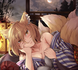 1girl animal_ear_fluff animal_ears arm_support bag bare_shoulders blush breasts bright_pupils brown_eyes cleavage closed_mouth cloud cloudy_sky collarbone commentary_request eyes_visible_through_hair fox_ears fox_tail full_moon hair_between_eyes hand_on_own_cheek hand_on_own_face head_rest highres indoors japanese_clothes kimono large_breasts light light_brown_hair looking_at_viewer lying mahimaru moon multiple_tails night night_sky off_shoulder on_side seductive_smile short_hair sky slit_pupils smile solo tail touhou upper_body white_pupils wide_sleeves yakumo_ran rating:Sensitive score:18 user:danbooru