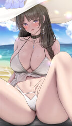  1girl absurdres beach bikini blue_flower blush braid braided_ponytail breasts brown_hair collarbone day doenji_(auto7233) earrings flower goddess_of_victory:_nikke hair_over_shoulder hat hat_flower highres jewelry large_breasts large_hat long_hair mary_(bay_goddess)_(nikke) mary_(nikke) ocean official_alternate_costume outdoors purple_eyes sand sitting solo spread_legs sun_hat sweat swimsuit swimsuit_cover-up unusually_open_eyes water white_bikini 