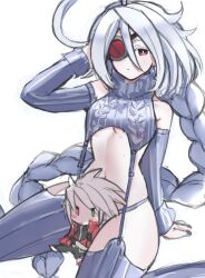  1girl ahoge blazblue blush closed_mouth expressionless eyepatch garter_straps grey_nails grey_panties grey_sleeves grey_sweater grey_thighhighs hand_in_own_hair highres juneplums long_hair looking_at_viewer meme_attire nu-13 one_eye_covered panties red_eyes sketch solo sweater thighhighs underwear virgin_destroyer_sweater white_hair 