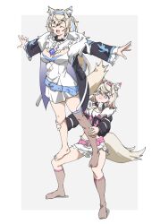 2girls :d ^_^ animal_ear_fluff animal_ears bandaid bandaid_hair_ornament belt belt_collar black_jacket blonde_hair blue_belt blue_eyes blue_hair blue_hairband breasts center_frills closed_eyes collar colored_inner_animal_ears commentary cropped_jacket dog_ears dog_girl dog_tail dot_nose dress extra_ears fang feet fishnet_socks fishnet_thighhighs fishnets frilled_sleeves frills full_body fur_collar fuwawa_abyssgard fuwawa_abyssgard_(1st_costume) hair_ornament hairband hairclip headphones headphones_around_neck highres hololive hololive_english jacket kneehighs long_hair long_sleeves medium_breasts mococo_abyssgard mococo_abyssgard_(1st_costume) multicolored_hair multiple_girls no_shoes open_mouth outstretched_arms pink_belt pink_hair pink_hairband saboten_pose short_hair short_shorts shorts siblings simple_background single_bare_leg single_barefoot single_thighhigh sisters smile socks spread_arms streaked_hair tail tanabe_(fueisei) thighhighs twins two-tone_hair two_side_up virtual_youtuber white_background white_dress white_shorts x_hair_ornament