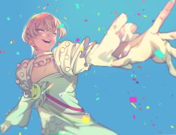  1boy androgynous bad_id bad_twitter_id blonde_hair blue_background confetti crescent dress hand_up highres image_sample inactive_account king_of_prism kisaragi_louis long_sleeves looking_ahead male_focus open_mouth outstretched_arm pretty_rhythm pretty_series short_hair smile solo standing star_(symbol) twitter_sample white_dress yellow_eyes zashima 