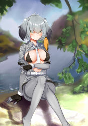 10s 1girl bad_id bad_pixiv_id belt between_breasts bikini bikini_top_only black_bikini black_gloves black_hair blonde_hair blurry blush branch breasts closed_mouth clothes_lift collared_shirt covered_erect_nipples day depth_of_field fingerless_gloves gloves green_eyes grey_hair grey_pantyhose grey_shirt grey_shorts hair_between_eyes hair_over_eyes kemono_friends knees_together_feet_apart large_breasts leaf looking_at_viewer multicolored_hair necktie necktie_between_breasts outdoors pantyhose rokuroku_(xd_p) shirt shirt_lift shoebill_(kemono_friends) shorts sky solo swimsuit thighband_pantyhose white_necktie wing_collar rating:Questionable score:15 user:danbooru