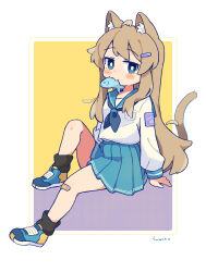  156m 1girl absurdres animal_ear_fluff animal_ears arm_support bandaid bandaid_on_knee bandaid_on_leg black_socks blue_eyes blue_neckerchief blue_sailor_collar blue_sky blush border bright_pupils brown_hair cat_ears cat_girl cat_tail commentary fish food_in_mouth full_body hair_ornament hairclip highres long_hair long_sleeves looking_at_viewer neckerchief original pleated_skirt purple_background sailor_collar school_uniform serafuku shirt shoes signature skirt sky sneakers socks solo symbol-only_commentary tail two-tone_background white_background white_pupils white_shirt yellow_background 