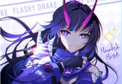  1girl absurdres armor bare_shoulders black_gloves chromatic_aberration commentary crosshair_pupils english_text eyeliner fingerless_gloves gloves hair_intakes highres honkai_(series) honkai_impact_3rd jacket long_hair makeup multicolored_hair official_alternate_costume pointing pointing_at_self portrait purple_eyes purple_hair purple_jacket raiden_mei raiden_mei_(haunted_dusk) raiden_mei_(herrscher_of_thunder) red_eyeliner red_pupils shoulder_armor sidelocks smile solo sparks_summer streaked_hair symbol-only_commentary teeth thumbs_up twitter_username 