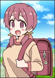 1girl :d aged_down backpack bag black_border blue_sky blush_stickers border breasts brown_eyes brown_hair cloud crime_prevention_buzzer day holding_strap long_hair long_sleeves looking_at_viewer low_twintails medium_breasts murosaki_miyo nekotoufu official_art onii-chan_wa_oshimai! open_mouth outdoors randoseru sky smile solo twintails upper_body rating:Sensitive score:4 user:danbooru
