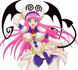  1girl arm_up blush breasts cameltoe cleft_of_venus covered_erect_nipples green_eyes hat lala_satalin_deviluke large_breasts long_hair looking_at_viewer necktie open_mouth pink_hair princess solo tail to_love-ru warner wings  rating:Questionable score:17 user:warner
