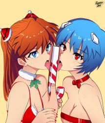  1other 2girls ayanami_rei blue_eyes blue_hair bow_choker breasts brown_hair candy caramel christmas fellatio fluffy_collar food hair_ornament highres interface_headset licking long_hair looking_at_another looking_at_viewer medium_breasts multiple_girls nail_polish neon_genesis_evangelion open_mouth oral red_eyes ryness saliva_trail sexually_suggestive shiny_skin short_hair simple_background simulated_fellatio small_breasts souryuu_asuka_langley tongue tongue_out yellow_background  rating:Questionable score:139 user:danbooru