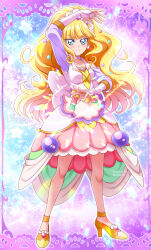  1girl 2024 absurdres arm_up blonde_hair blue_eyes blunt_bangs breasts bridal_gauntlets closed_mouth collarbone cure_finale dated delicious_party_precure earrings floating_hair full_body hanzou high_heels highres jewelry kasai_amane layered_skirt long_hair long_sleeves looking_at_viewer magical_girl miniskirt pink_skirt precure pumps purple_sleeves skirt small_breasts smile solo standing twitter_username very_long_hair watermark yellow_footwear 