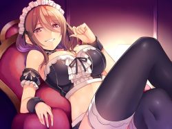  1girl arm_ribbon bad_id bad_twitter_id black_thighhighs blush breasts chair character_request crop_top crossed_legs female_focus grin hair_between_eyes horosuke jpeg_artifacts large_breasts long_hair looking_at_viewer lying maid_headdress midriff original parted_lips red_eyes ribbon seductive_smile sitting smile solo thighhighs wrist_ribbon  rating:Sensitive score:131 user:danbooru