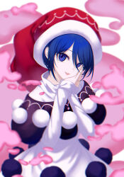  1girl absurdres black_capelet blue_eyes blue_hair capelet chromatic_aberration commentary cowboy_shot doremy_sweet dream_soul dress hand_on_own_cheek hand_on_own_face hat highres long_sleeves looking_at_viewer nightcap own_hands_together parted_lips pom_pom_(clothes) red_hat short_hair smile solo touhou white_dress xianjian_lingluan 