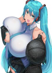  1girl absurdres black_bra blush bra unworn_bra breast_lift breasts facominn hatsune_miku highres holding holding_bra holding_clothes holding_underwear huge_breasts long_hair looking_at_viewer open_mouth smile solo standing twintails underwear vocaloid  rating:Questionable score:102 user:tetonasiwabner5