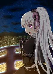  1girl :d black_bow black_dress black_gloves blush bow cloud commentary_request doll_joints dress elbow_gloves fate/extra fate_(series) frilled_sleeves frills from_behind gloves gothic_lolita grey_hair hair_bow hand_up high_ponytail joints lolita_fashion looking_at_viewer looking_back mountain night night_sky nursery_rhyme_(fate) open_mouth outdoors ponytail profile puffy_short_sleeves puffy_sleeves purple_eyes short_sleeves sky smile solo star_(sky) starry_sky striped_bow yuya090602 