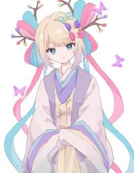  1girl blonde_hair blue_bow blue_eyes blue_hair blunt_bangs bow branch bug butterfly chouzetsusaikawa_tenshi-chan closed_mouth cowboy_shot gekkou_chou hair_bow hair_rings insect japanese_clothes kabe_(zp66104) kimono long_hair long_sleeves looking_at_viewer multicolored_hair multiple_hair_bows needy_girl_overdose official_alternate_costume pink_bow pink_hair purple_bow simple_background smile solo very_long_hair white_background wide_sleeves 