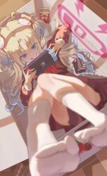  1girl :q absurdres battery_indicator blonde_hair blue_eyes blue_hair blurry blurry_foreground box brand_name_imitation brown_dress commentary_request dress feet food food_on_face gradient_hair handheld_game_console hasu_no_sora_school_uniform highres holding holding_handheld_game_console in_box in_container link!_like!_love_live! long_hair long_sleeves looking_at_object love_live! multicolored_hair neckerchief nintendo_switch no_shoes osawa_rurino pocky raised_eyebrow red_neckerchief sailor_collar school_uniform sidelocks socks solo sunkeun tongue tongue_out upper_body v-shaped_eyebrows virtual_youtuber white_sailor_collar white_socks winter_uniform 