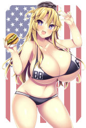  1girl akikaze_tsumuji american_flag_background bare_shoulders bikini black_bikini blonde_hair blush breasts burger cleavage collarbone commentary_request food food_on_face groin hair_ornament hairclip huge_breasts iowa_(kancolle) kantai_collection long_hair multicolored_bikini multicolored_clothes open_mouth purple_eyes solo star_(symbol) star_hair_ornament swimsuit thighs white_bikini  rating:Questionable score:31 user:danbooru