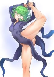 1girl black_dress breasts covered_navel curly_hair dress covered_erect_nipples flexible green_eyes green_hair highres leg_up legs looking_at_viewer mogudan needle_pose no_panties one-punch_man parted_lips short_hair sketch small_breasts solo stretching tatsumaki thighs white_background rating:Questionable score:100 user:JustHere4Butts