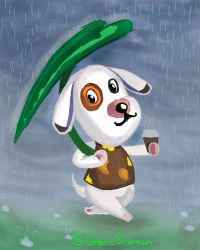  1boy animated animated_png bones_(animal_crossing) brown_shirt coffee cup green_starman holding holding_cup leaf_umbrella looking_at_viewer rain shirt walking 