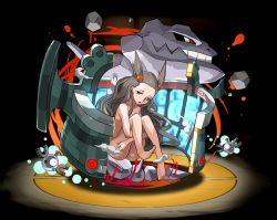  1girl barefoot black_background breasts bronzong brown_eyes cleavage cosmo_(465lilia) creatures_(company) full_body game_freak gen_1_pokemon gen_2_pokemon gen_4_pokemon gym_leader hair_ornament jasmine_(pokemon) long_hair magnemite nintendo nude pokemon pokemon_(creature) pokemon_gsc pokemon_hgss puzzle_&amp;_dragons silver_hair sitting steelix twintails two_side_up very_long_hair  rating:Questionable score:23 user:&Eacute;qui_Libriste