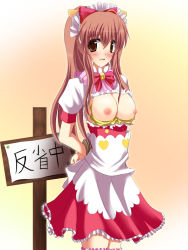  12kano010 1girl animal_ears apron arms_behind_back bdsm blush bondage bound bound_wrists breasts breasts_out brown_eyes brown_hair cat_ears cat_girl fake_animal_ears female_focus long_hair looking_at_viewer maid maid_apron maid_headdress nipples rope solo standing torn_clothes translated  rating:Questionable score:16 user:lkjh098