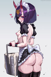 1girl after_fellatio aftersex alternate_costume apron ass back black_shrug black_skirt black_thighhighs blush bob_cut breasts bucket closed_mouth colored_skin cum cum_bucket cum_drool cum_in_container cum_in_mouth cum_on_ass cum_on_back cum_on_body cum_on_breasts cum_on_legs cum_on_upper_body enmaided eyelashes eyeshadow fate/grand_order fate_(series) female_focus frilled_apron frilled_skirt frills from_behind gokkun grey_background holding holding_bucket horns licking_lips looking_at_viewer looking_back maid maid_headdress makeup matching_hair/eyes medium_hair naughty_face nipples oni petite pink_skin puffy_short_sleeves puffy_sleeves purple_eyes purple_eyeshadow purple_hair reagan_long short_sleeves shrug_(clothing) shuten_douji_(fate) simple_background skin-covered_horns skirt small_breasts smile solo standing thighhighs tongue tongue_out two-tone_skirt waist_apron white_apron white_headdress white_skirt 