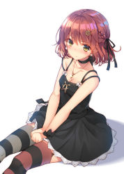 1girl asymmetrical_legwear bare_arms black_dress blush braid breasts choker cleavage collarbone commentary cowboy_shot dress earrings frown garter_straps green_eyes hair_ornament hair_ribbon hairclip highres jewelry kazuzu medium_breasts mismatched_legwear multiple_straps necklace original red_hair ribbon shadow short_dress short_hair simple_background sitting sleeveless sleeveless_dress solo striped_clothes striped_thighhighs thighhighs v_arms white_background wrist_bow rating:Sensitive score:15 user:danbooru