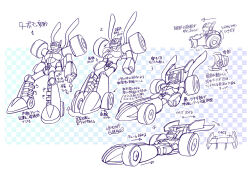  1boy aqua_background ariga_hitoshi arrow_(symbol) boots car character_sheet checkered_background checkered_clothes checkered_headwear commentary_request concept_art engine exhaust_pipe henshin highres humanoid_robot knee_boots looking_ahead looking_down male_focus mechanical_parts mega_man_(classic) mega_man_(series) mega_man_7 mega_man_megamix monochrome motor_vehicle numbered_panels purple_background robot scanlines simple_background sketch spoiler_(automobile) sports_car spot_color translation_request turbo_man wheel white_background 