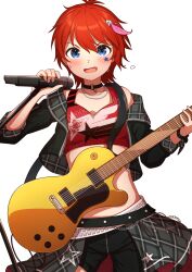  1girl absurdres akatsuki_(artakatuki) belly_chain belt black_choker black_jacket black_shorts blue_eyes blush breasts choker collarbone cropped_shirt dot_nose electric_guitar facial_mark grey_skirt guitar hair_ornament highres holding holding_guitar holding_instrument holding_microphone idolmaster idolmaster_million_live! idolmaster_million_live!_theater_days instrument jacket jewelry julia_(idolmaster) long_sleeves looking_at_viewer microphone microphone_stand multiple_belts necklace open_clothes open_jacket open_mouth overskirt plaid plaid_skirt print_shirt print_skirt red_hair red_shirt shirt short_hair shorts simple_background single_bare_shoulder single_off_shoulder skirt small_breasts smile solo star_(symbol) star_facial_mark star_hair_ornament star_print sweat v-shaped_eyebrows white_background 