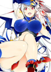  1girl boots breasts crop_top eleonora_viltaria glowing glowing_sword glowing_weapon hair_between_eyes large_breasts long_hair looking_at_viewer madan_no_ou_to_vanadis red_eyes signature simple_background solo sora_shido sword weapon white_background white_hair 
