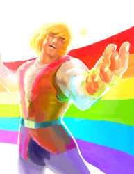  1boy ^_^ bad_id bad_pixiv_id belt blonde_hair brekkist closed_eyes fabulous fabulous_secret_powers_(meme) happy he-man lgbt_pride male_focus masters_of_the_universe meme muscular open_mouth outstretched_arms outstretched_hand pantyhose parody prince_adam rainbow rainbow_flag short_hair simple_background smile solo star_(symbol) striped striped_background vest  rating:General score:46 user:doomjun
