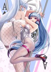  1girl absurdres ace_(playing_card) ace_of_spades alternate_costume alternate_eye_color animal_ears ayaka_(genshin_impact) black_leotard blue_eyes blue_hair blunt_bangs bow breasts card corruption fake_animal_ears fake_tail fishnet_pantyhose fishnets genshin_impact hair_ribbon high_heels highleg highleg_leotard highres hypnosis leotard long_hair looking_at_viewer mind_control multiple_views pantyhose perianist playboy_bunny playing_card pole_dancing ponytail rabbit_ears rabbit_tail ribbon smile solo spade_(shape) strapless strapless_leotard tail tongue tongue_out wedgie wrist_cuffs 