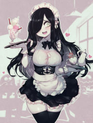  1girl apron aria_wintermint black_hair black_skirt black_thighhighs blush breasts cup food gloves green_eyes hair_over_one_eye heart highres ice_cream large_breasts long_hair maid maid_apron maid_headdress open_mouth parororo skindentation skirt solo teacup thighhighs unbuttoned unbuttoned_shirt  rating:Sensitive score:53 user:purpleslime