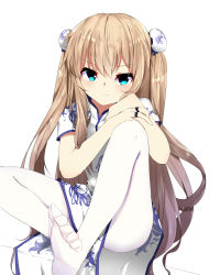  1girl ass blonde_hair blue_eyes breasts bun_cover china_dress chinese_clothes cleavage cowboy_shot double_bun dress feet female_focus hair_bun highres jewelry leg_hold long_hair looking_at_viewer no_shoes original pantyhose ring side_slit sidelocks simple_background sitting soles solo thighs toes twintails white_background white_pantyhose zzb  rating:Sensitive score:10 user:danbooru