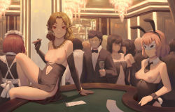 1boy 5girls animal_ears bare_shoulders bigrbear black_dress black_gloves black_hair black_hairband black_neckwear black_skirt blackjack blackjack_table bracelet breastless_clothes breasts breasts_out brown_hair card casino casual chandelier cigar clothing_cutout crowd cup detached_collar dress drinking_glass elbow_gloves elf exhibitionism faceless faceless_female faceless_male fake_animal_ears fake_tail forehead formal gloves hairband high-waist_skirt highres holding holding_cup indoors jewelry leotard long_sleeves maid mask medium_breasts multiple_girls navel_cutout necktie nipples nude original parted_bangs parted_lips pelvic_curtain playboy_bunny playing_card pointy_ears public_indecency rabbit_ears red_eyes revealing_clothes sitting skirt smile smoke smoking suit table tail topless wrist_cuffs rating:Questionable score:390 user:danbooru