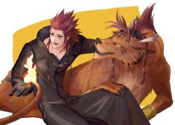  2boys animal_collar axel_(kingdom_hearts) bangle beads black_gloves black_robe border bracelet collar crossover facial_mark feather_hair_ornament feathers final_fantasy final_fantasy_vii final_fantasy_vii_rebirth final_fantasy_vii_remake flame-tipped_tail gloves hair_beads hair_ornament hair_slicked_back hand_in_another&#039;s_hair hat jewelry kingdom_hearts kingdom_hearts_ii long_sleeves male_focus medium_hair mukashino multiple_boys open_mouth orange_fur red_hat red_xiii robe sideburns white_border yellow_background yellow_eyes 