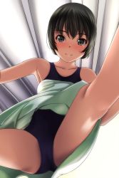 absurdres armpits backlighting bare_shoulders black_hair blue_one-piece_swimsuit blush brown_eyes casual_one-piece_swimsuit ceiling closed_mouth dress from_below full-face_blush glowing gluteal_fold green_dress highres legs light_rays loli looking_at_viewer matsunaga_kouyou one-piece_swimsuit original outstretched_arm short_hair smile spread_legs standing swimsuit swimsuit_under_clothes upskirt rating:Sensitive score:29 user:danbooru