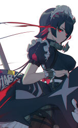  1girl absurdres black_dress black_hair breasts chromatic_aberration dress ear_piercing ellen_joe eye_trail fins fish_tail highres holding_own_tail large_breasts light_trail maid_headdress miyamoya piercing puffy_short_sleeves puffy_sleeves red_eyes red_hair red_nails shark_tail short_sleeves simple_background solo standing tail white_background zenless_zone_zero 