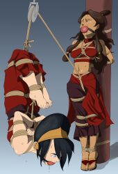  2girls absurdres arms_behind_back artist_request avatar:_the_last_airbender avatar_legends ball_gag bdsm bondage bound crotch_rope crotch_rope_pull gag gagged highres katara multiple_girls pain pole sweat tied_up_(nonsexual) tiptoes toph_bei_fong upside-down 