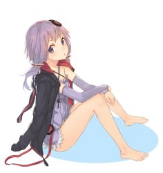 1girl :o animal_hood arm_warmers bad_id bad_twitter_id bare_legs barefoot cjl6y5r commentary dress from_side full_body hair_ornament highres hood hood_down hooded_jacket jacket knees_up looking_at_viewer oweee parted_lips purple_dress purple_eyes purple_hair rabbit_hood short_dress simple_background sitting solo twintails vocaloid voiceroid white_background yuzuki_yukari 