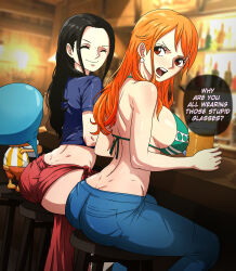  1boy 2girls absurdres age_difference ass bar_(place) bar_stool bikini bikini_top_only black_hair breasts brown_eyes butt_crack cleavage closed_eyes denim earrings english_text highres huge_breasts jeans jewelry large_breasts long_hair multiple_girls nami_(one_piece) nico_robin noxdsa one_piece orange_hair pants pubic_hair sideboob sitting skirt smile stool swimsuit tattoo tony_tony_chopper  rating:Explicit score:64 user:Metternich